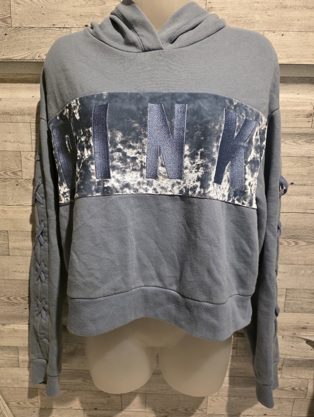 PINK Victoria's Secret Heather Blue Velvet-Panel Crewneck Hoodie
